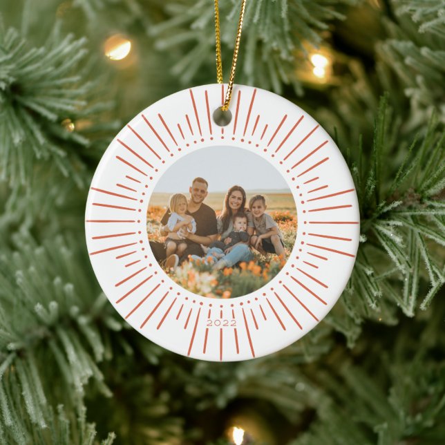 Custom Photo and Year Sunburst Double-Sided Ceramic Ornament (Tree)