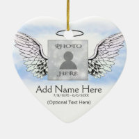 Custom Photo Angel Wings and Heart Memorial Ceramic Ornament