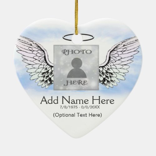 Custom Photo Angel Wings and Heart Memorial Ceramic Ornament