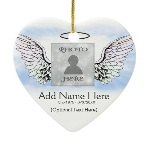 Custom Photo Angel Wings and Heart Memorial Ceramic Ornament