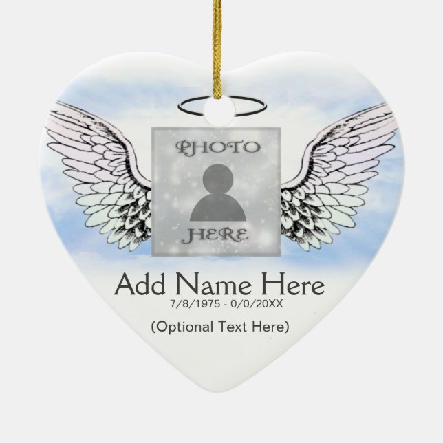 Custom Photo Angel Wings and Heart Memorial Ceramic Ornament (Back)