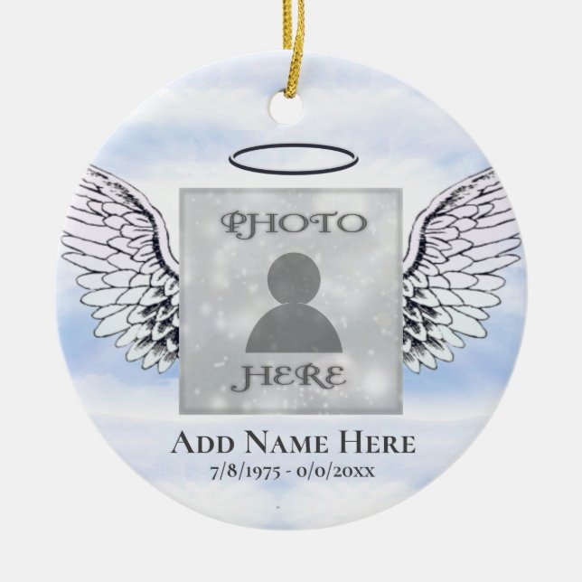 Custom Photo Angel Wings Memorial Ceramic Ornament (Front)