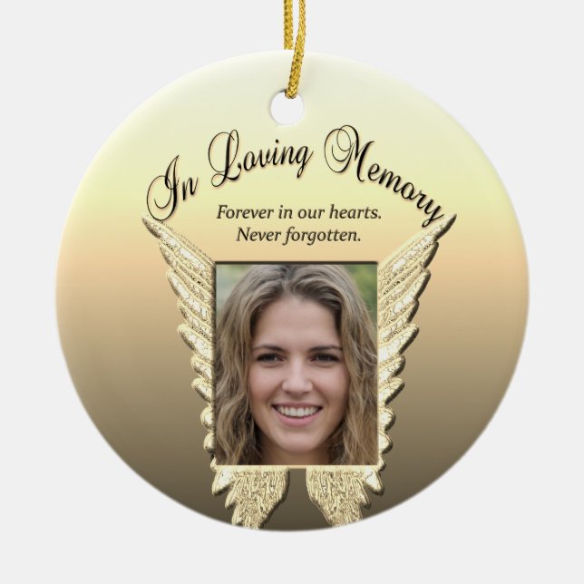 Custom Photo Angel Wings Memorial Ceramic Ornament (Front)