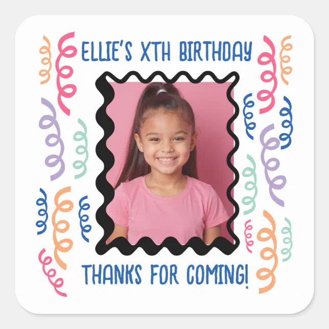 Custom Photo Any Age Birthday Doodles Streamers Square Sticker | Zazzle