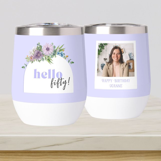 Custom Photo, ANY AGE Birthday floral purple Thermal Wine Tumbler (Creator Uploaded)