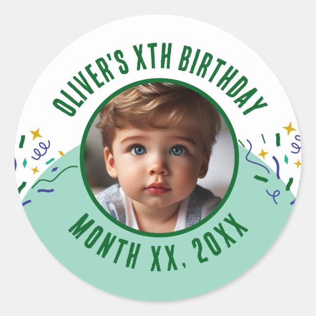 Custom Photo Any Age Confetti Birthday Party Classic Round Sticker (Front)