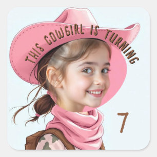 Custom Photo Any Age Pink Cowgirl Theme Birthday Square Sticker
