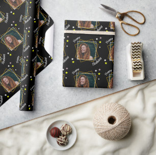 Custom Photo Art Deco Squares Black Wrapping Paper