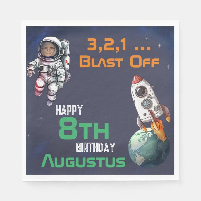 Custom Photo Astronaut in Outer Space Birthday Napkins (Front)