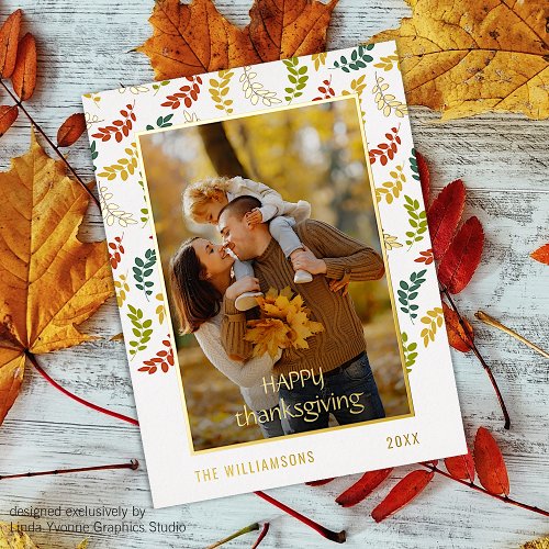 Custom Photo Autumn Leaves Pattern Foil Holiday Postcard