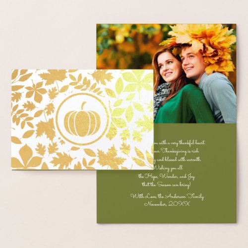 Custom Photo  Autumn Leaves Pumpkin Thanksgiving  Foil Card