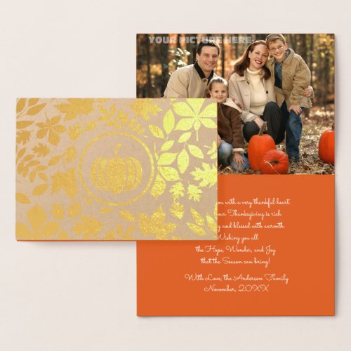 Custom Photo  Autumn Leaves Pumpkin Thanksgiving  Foil Card