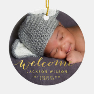 Custom Photo Baby Birth Announcement Gold Script Ceramic Ornament