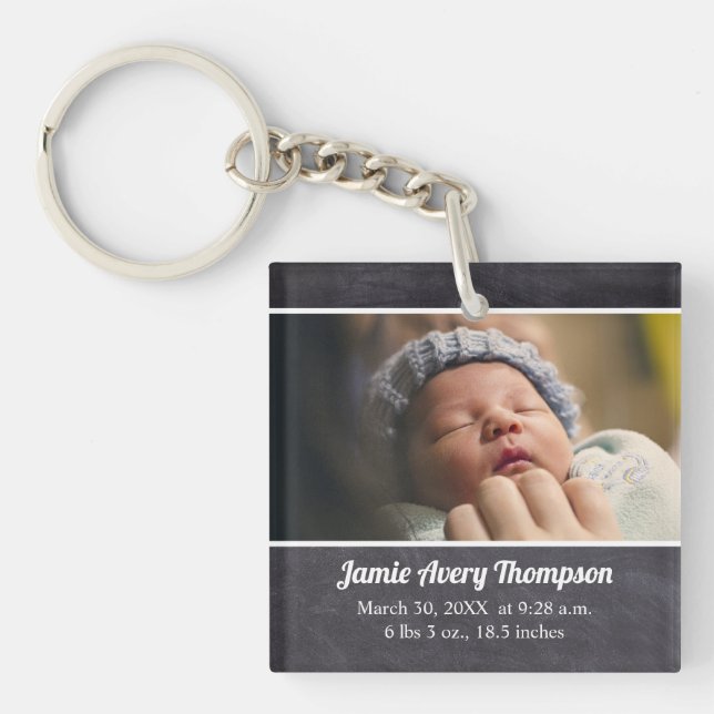 Custom Photo baby birth date and stats chalkboard Keychain (Front)