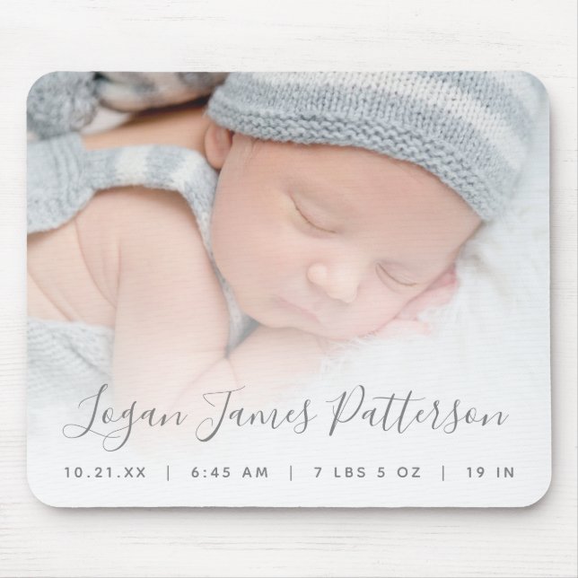 Custom Photo Baby Birth Stats Gray Script Mouse Pad (Front)