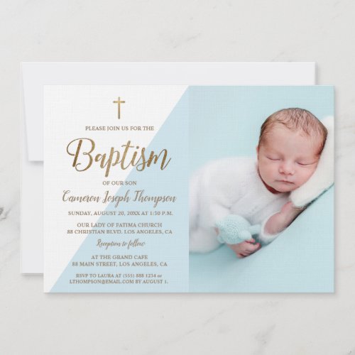 Custom Photo Baby Boy Baptism Gold Cross blue Invitation