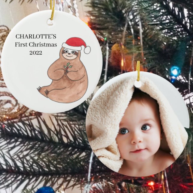 Custom Photo Baby Girl's First Christmas Sloth Ceramic Ornament (Creator Uploaded)