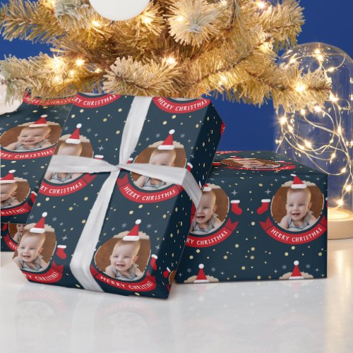 Custom Photo Baby Santa Hat Christmas Holiday Wrapping Paper