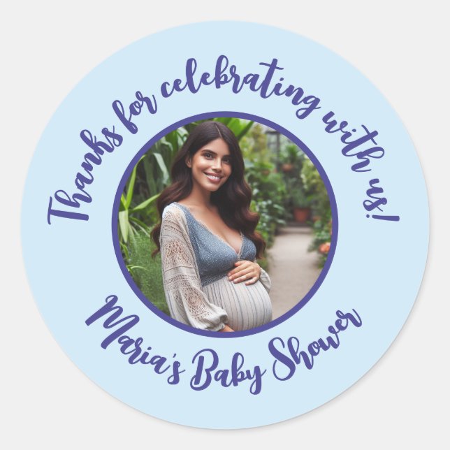 Custom Photo Baby Shower Modern Script Thank You Classic Round Sticker (Front)