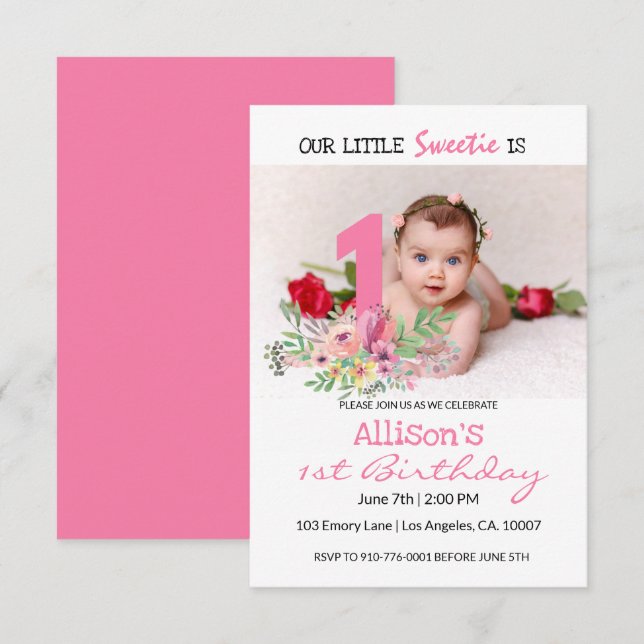 Custom Photo  | Baby's 1st Birthday Party Invitation (Front/Back)