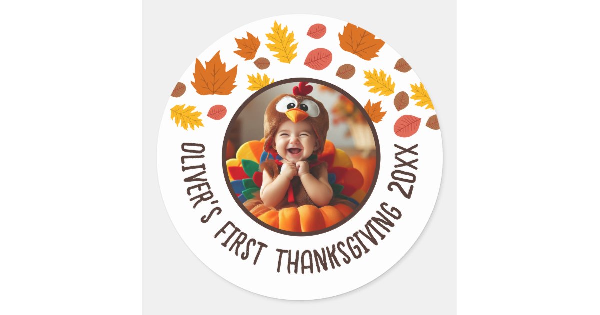 Baby First Sticker Ios Custom Photo Baby's 1st Thanksgiving Fall Gift Classic Round Sticker ...