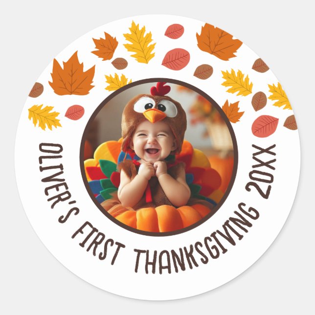 Custom Photo Baby's 1st Thanksgiving Fall Gift  Classic Round Sticker (Front)