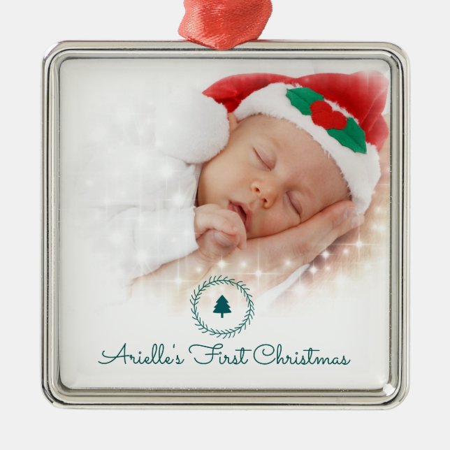 Custom Photo Baby's First Christmas Metal Ornament (Front)