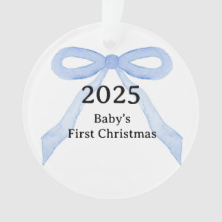 Custom Photo Baby's First Christmas YEAR Blue Bow Ornament
