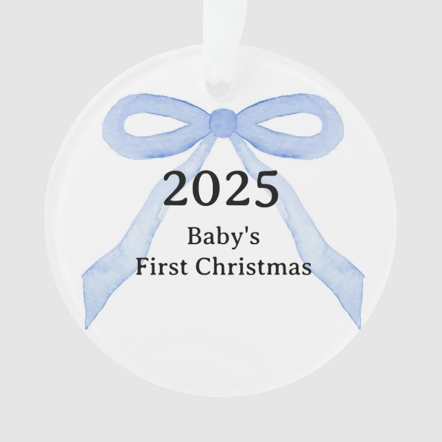 Custom Photo Baby's First Christmas YEAR Blue Bow  Ornament (Front)