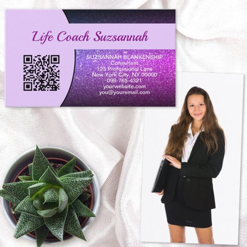Custom Photo Back Purple Glitter QR Code Front Business Card