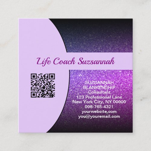 Custom Photo Back Purple Glitter QR Code Front Square Business Card