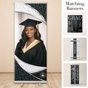 Custom Photo Banner, Black White Gold Graduation  Retractable Banner