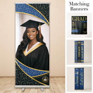 Custom Photo Banner, Blue Black Luxe Graduation  Retractable Banner