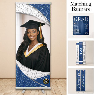 Custom Photo Banner, Blue White Elegant Graduation Retractable Banner