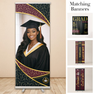 Custom Photo Banner, Burgundy Gold Graduation  Retractable Banner