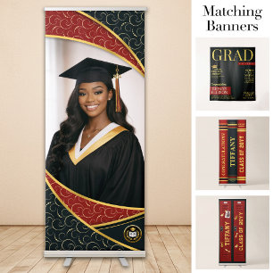 Custom Photo Banner, Red Black Elegant Graduation  Retractable Banner