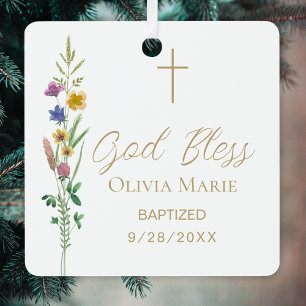 Custom Photo Baptism Wildflower Ceramic Metal Ornament