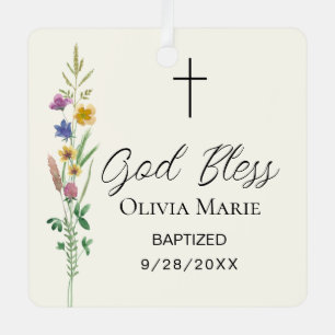 Custom Photo Baptism Wildflower Ceramic Metal Ornament