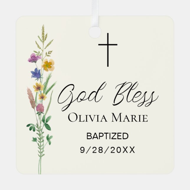 Custom Photo Baptism Wildflower Ceramic Metal Ornament (Front)