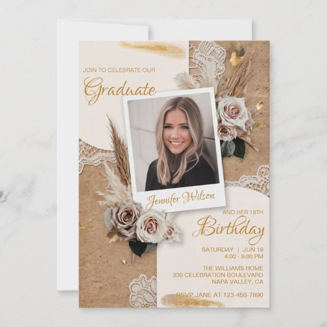  Custom Photo Beige Bohemian Birthday Graduation Invitation (Front)