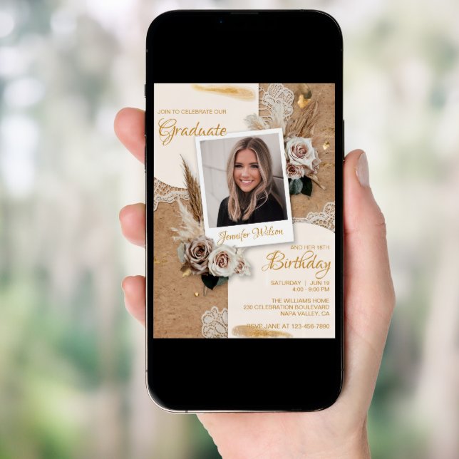  Custom Photo Beige Bohemian Birthday Graduation Invitation (Front Digital)