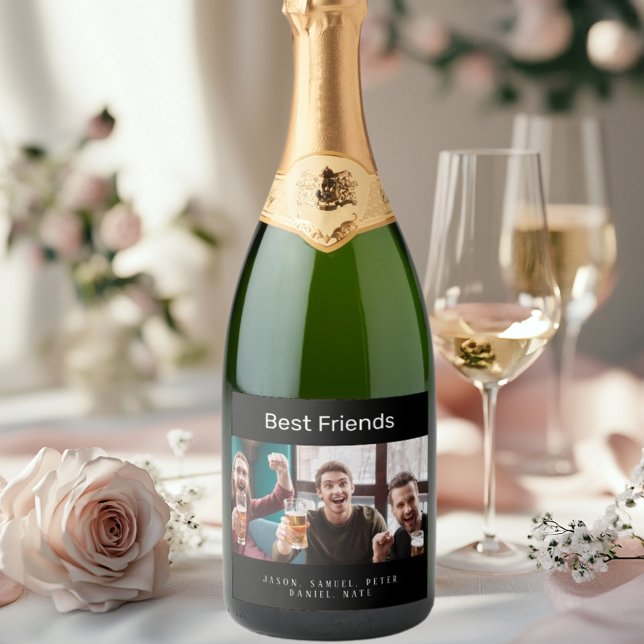 Custom photo best friends men guys black sparkling wine label (Creator Uploaded)