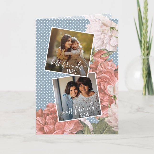 Custom Photo Best Friends Quote Spring Pink Floral Card (Front)