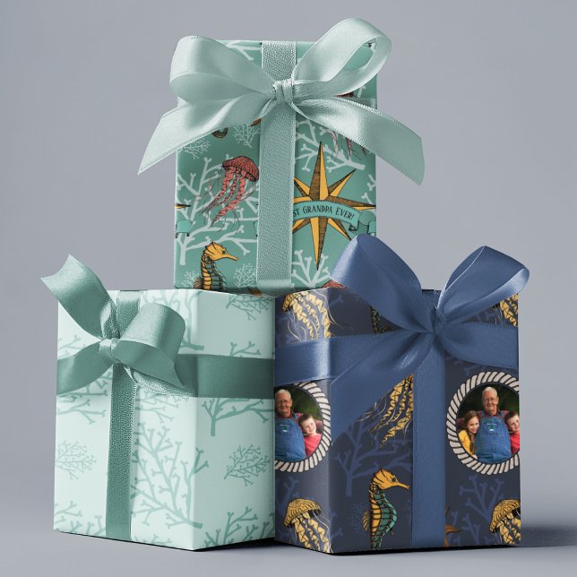 Custom Photo Best Grandpa Ever Sea Life Nautical Wrapping Paper Sheets (Nautical Ocean Animals Hand-drawn Sea Life and Coral in black ink. Upload a photo & cutomize text!
)