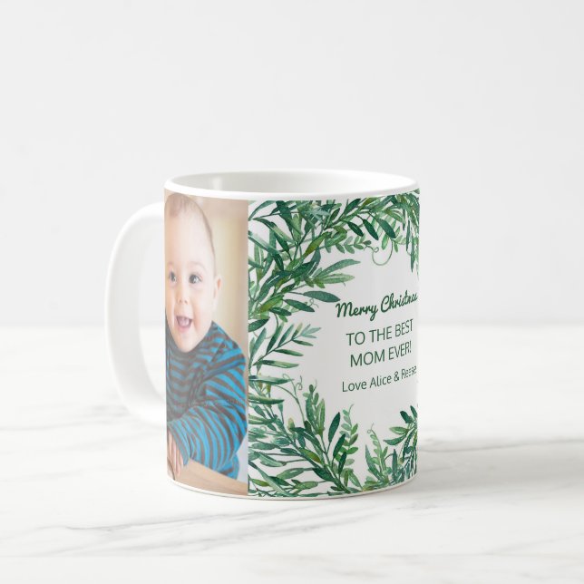 Custom Photo Best Mom Christmas Watercolor Coffee Mug (Front Left)