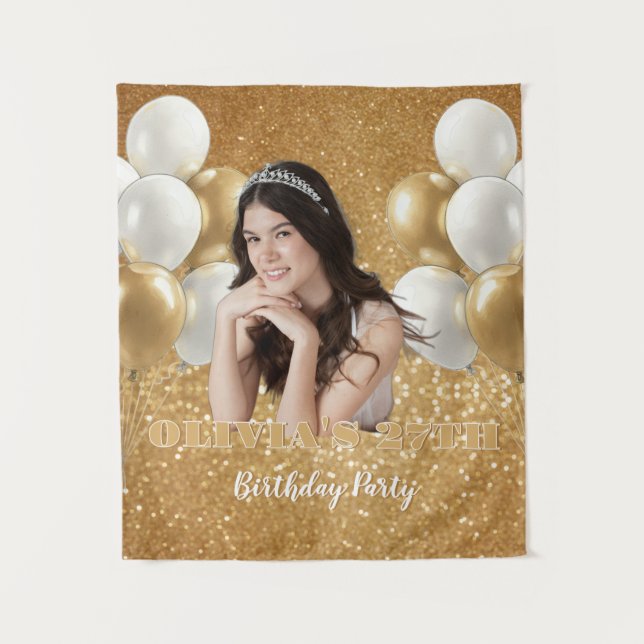 Custom Photo Birthday Backdrop,  gold & white (Front)