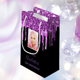 Custom photo birthday black purple glitter drips small gift bag