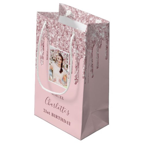 Custom photo birthday blush pink glitter drips small gift bag