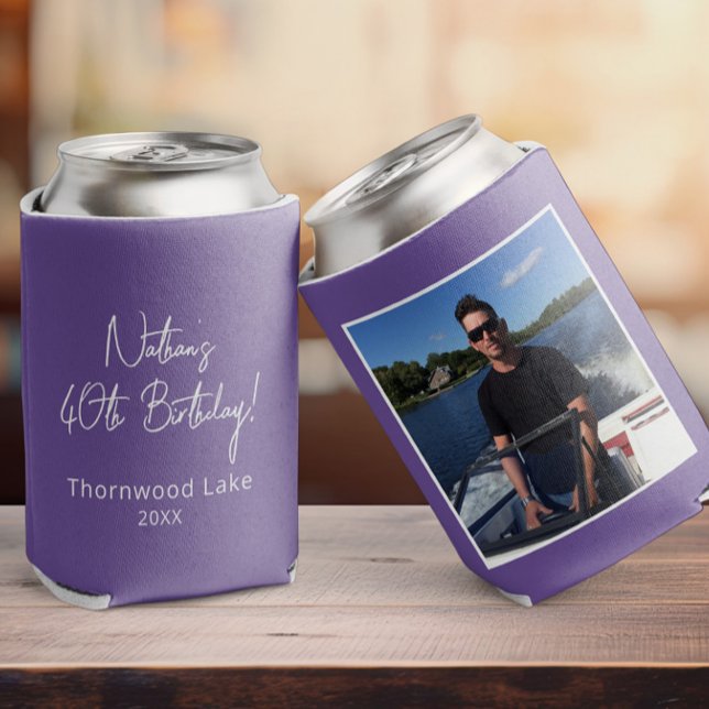 Custom Photo Birthday Party Favor Personalized Pic Can Cooler (a purple birthday can cooler with a photo on it, other side shows custom text in a script font )