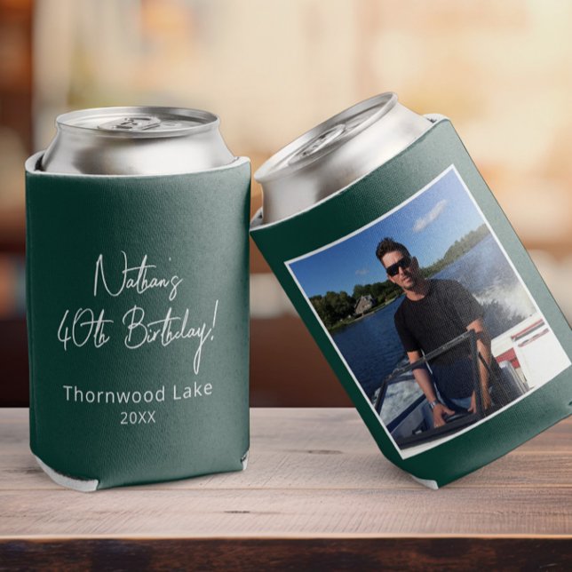 Custom Photo Birthday Party Favor Personalized Pic Can Cooler (hunter green birthday can cooler with a photo on it, other side shows custom text in a script font )